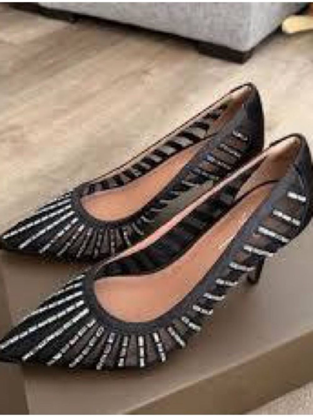 Paolo Black Pointed Cutout Kitten Heel Pumps with Silver Accents